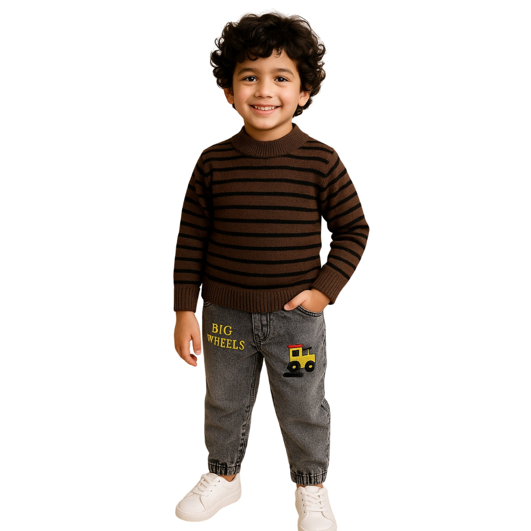 LittleLux Boys Brown Striped Winter Sweater – Soft Knit, Warm & Stylish