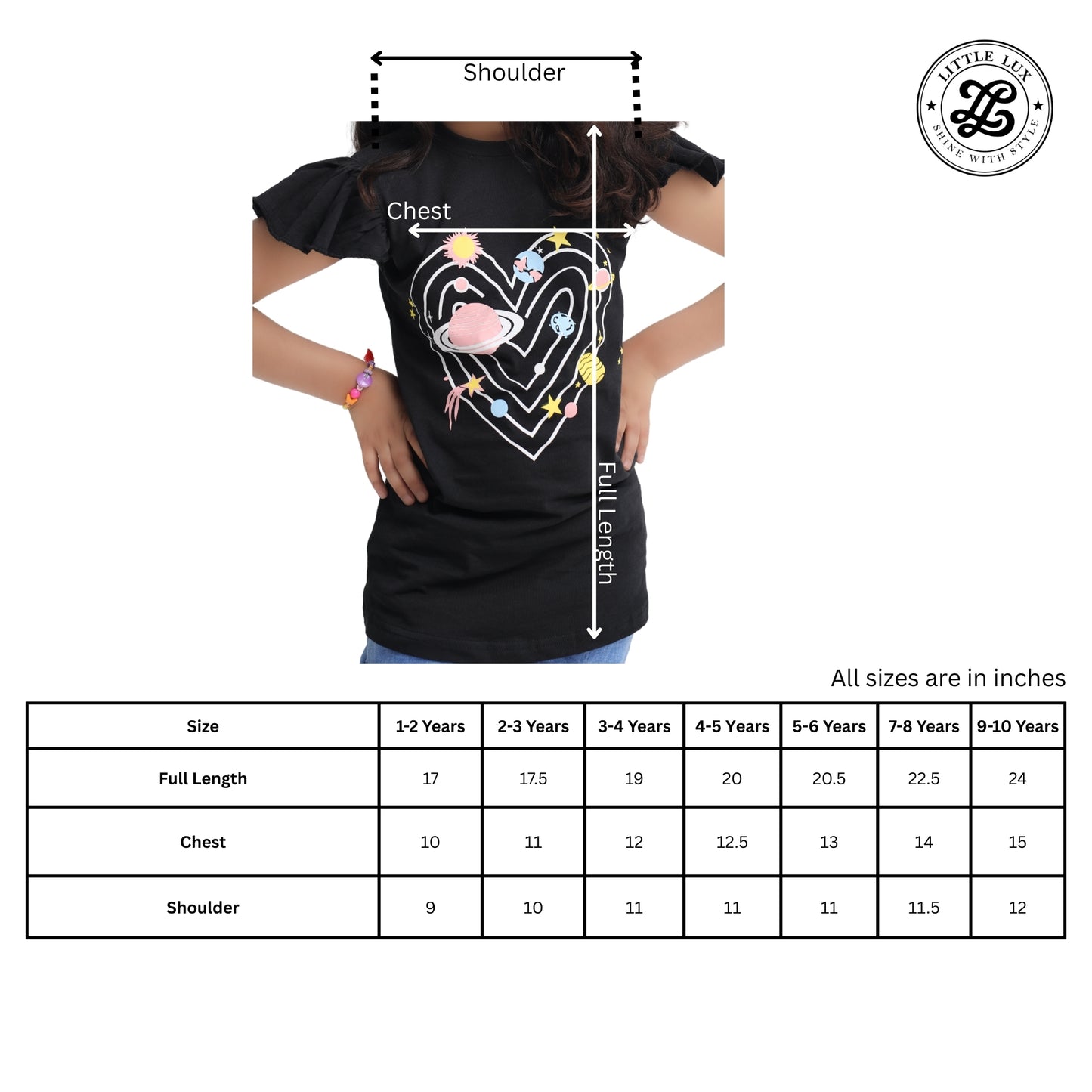 Heart Galaxy Planet Print Black T-Shirt for Girls