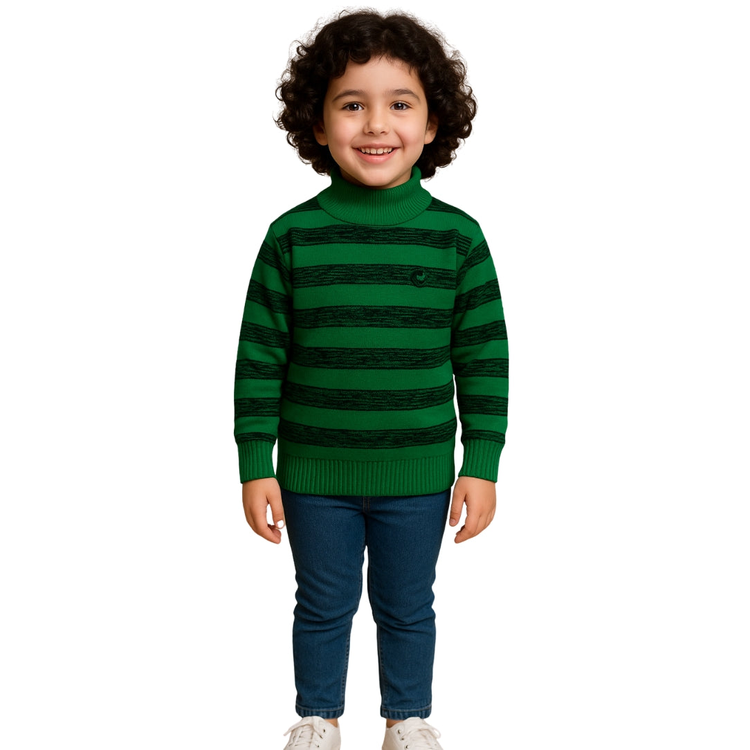 LittleLux Boys Green Striped Turtleneck Winter Sweater – Soft Knit, Warm & Stylish