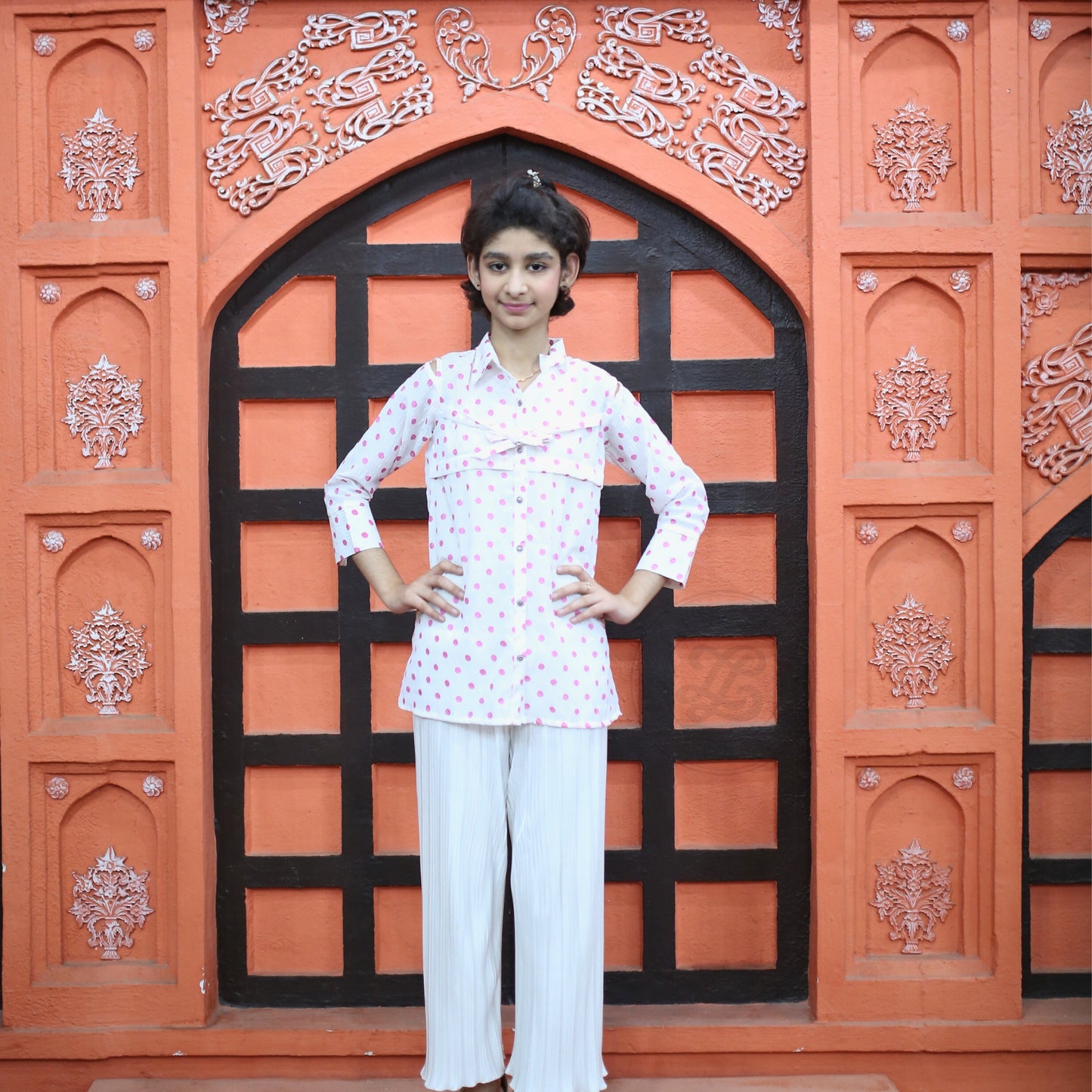 Pink dot White shirt