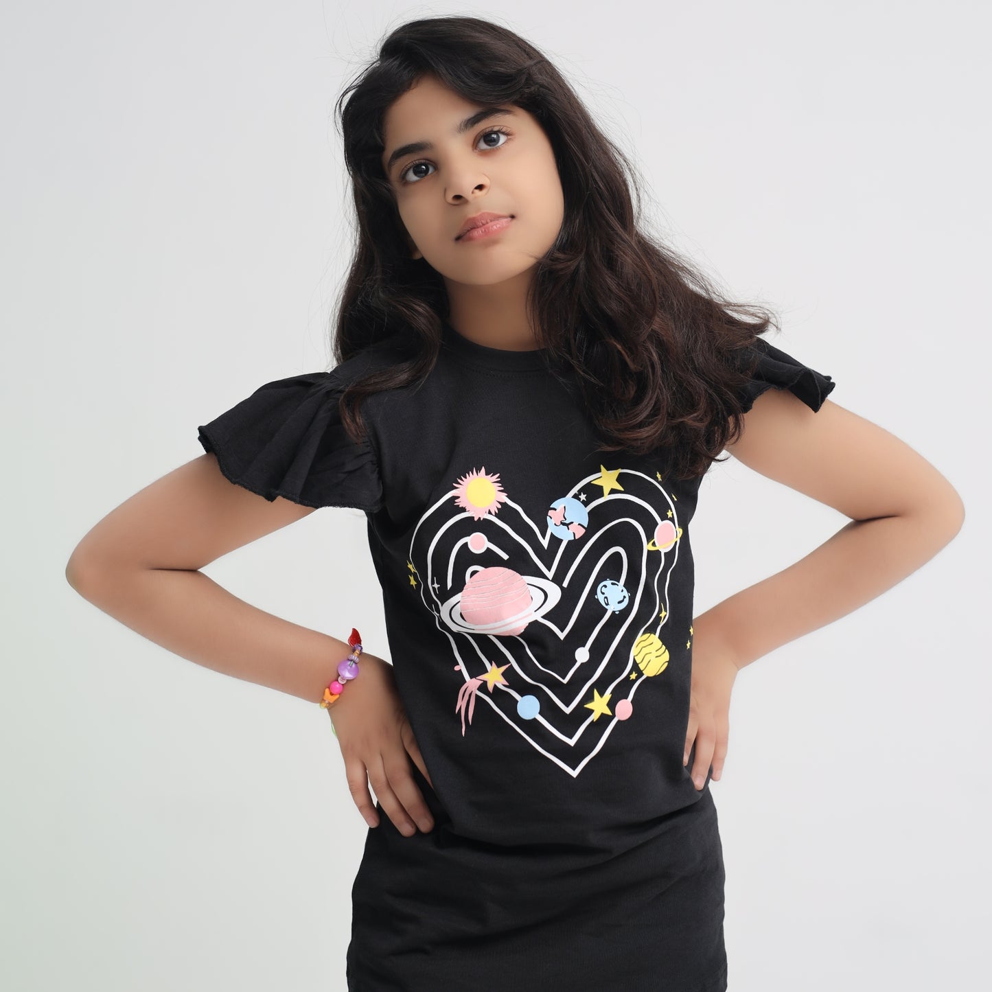 Heart Galaxy Planet Print Black T-Shirt for Girls