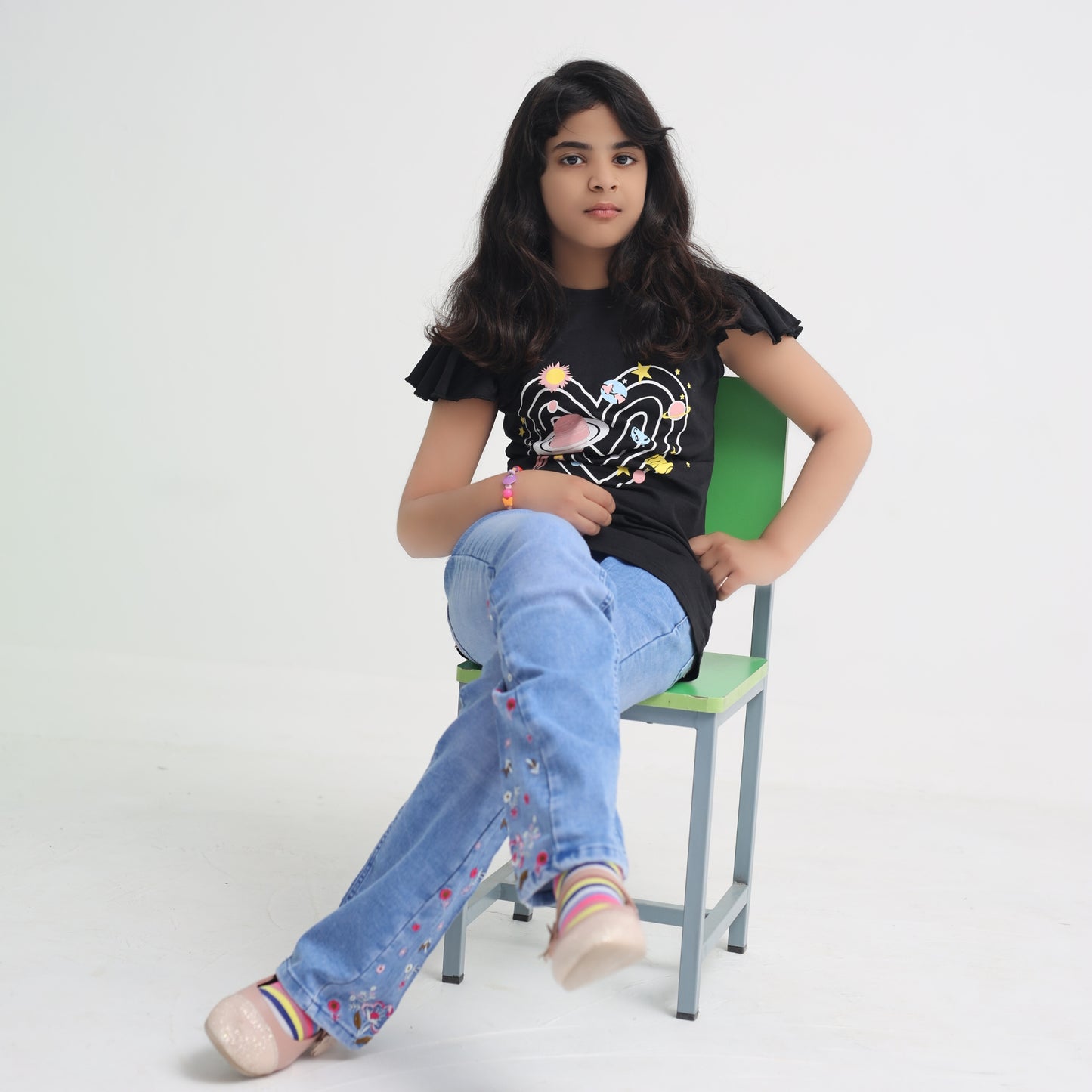 Heart Galaxy Planet Print Black T-Shirt for Girls