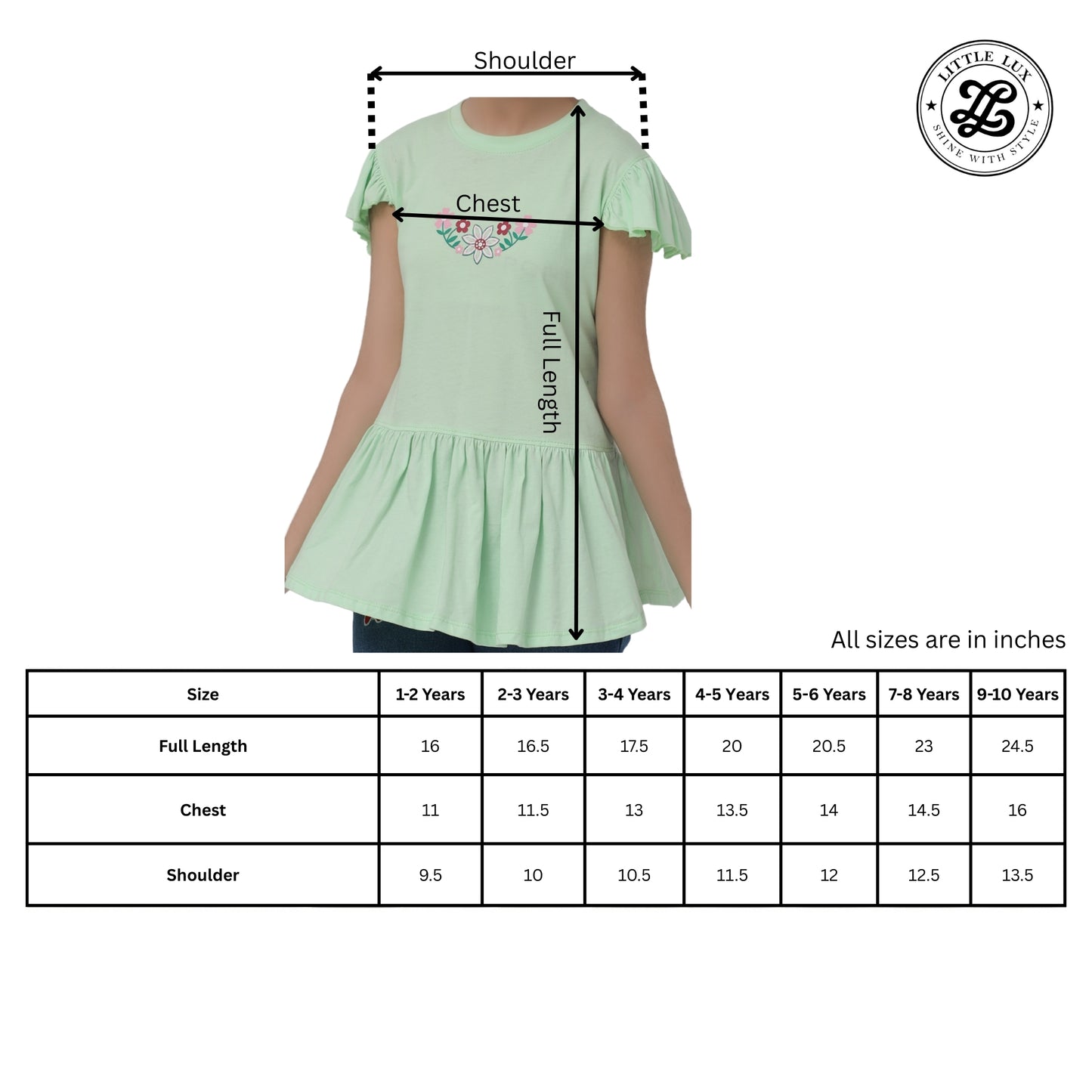 Pistachio Frill Sleeve Top for Girls | Cotton Peplum Style | Little Lux