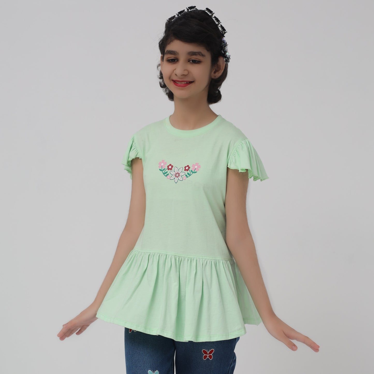 Pistachio Frill Sleeve Top for Girls | Cotton Peplum Style | Little Lux
