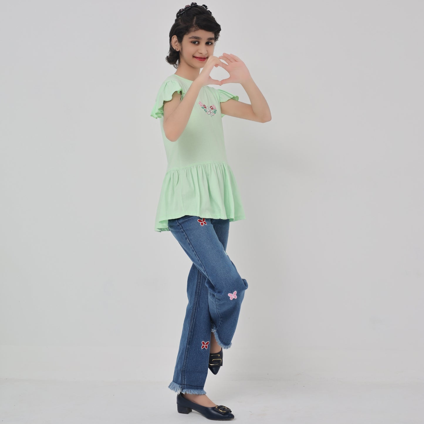 Pistachio Frill Sleeve Top for Girls | Cotton Peplum Style | Little Lux