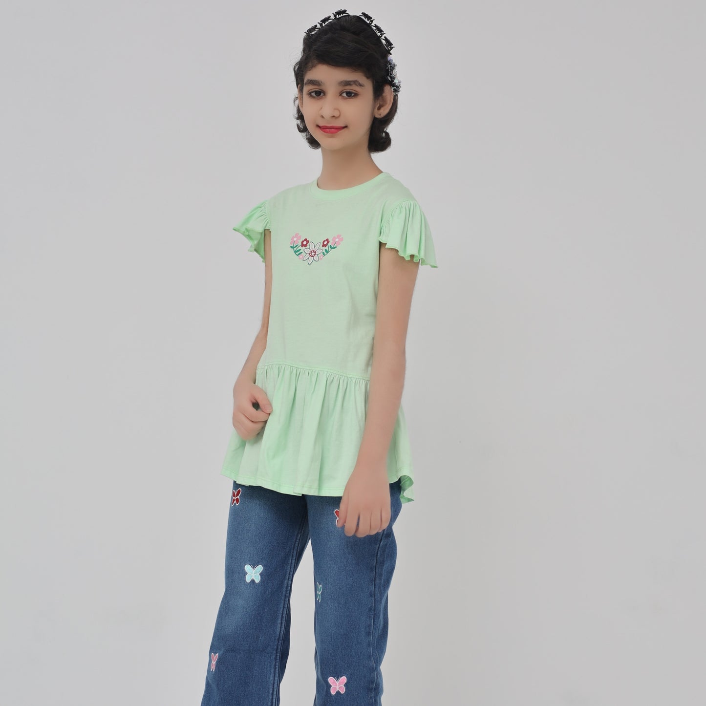 Pistachio Frill Sleeve Top for Girls | Cotton Peplum Style | Little Lux