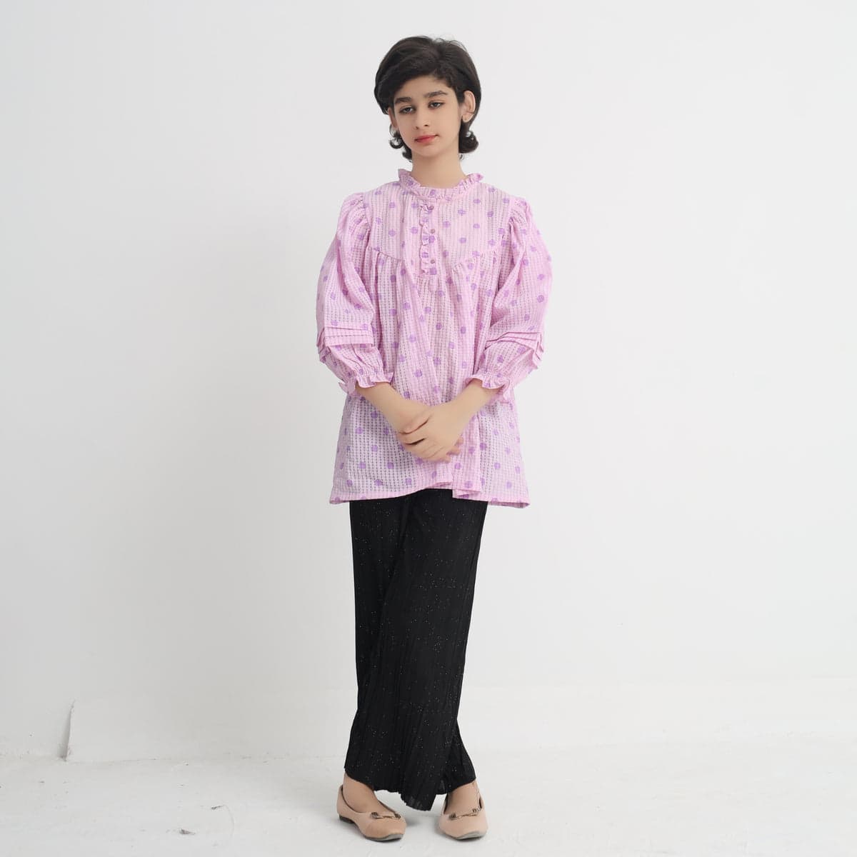 Lavender Puff Sleeve Girls Frock – thumbnail 2