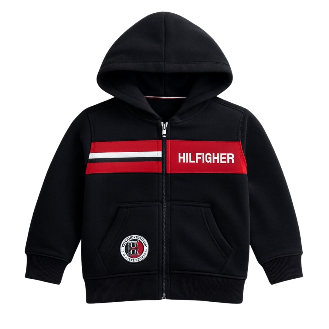 LittleLux Hilfigher Unisex Black & Red Winter Hoodie – Soft Fleece, Zip-Up, Warm & Stylish – thumbnail 2