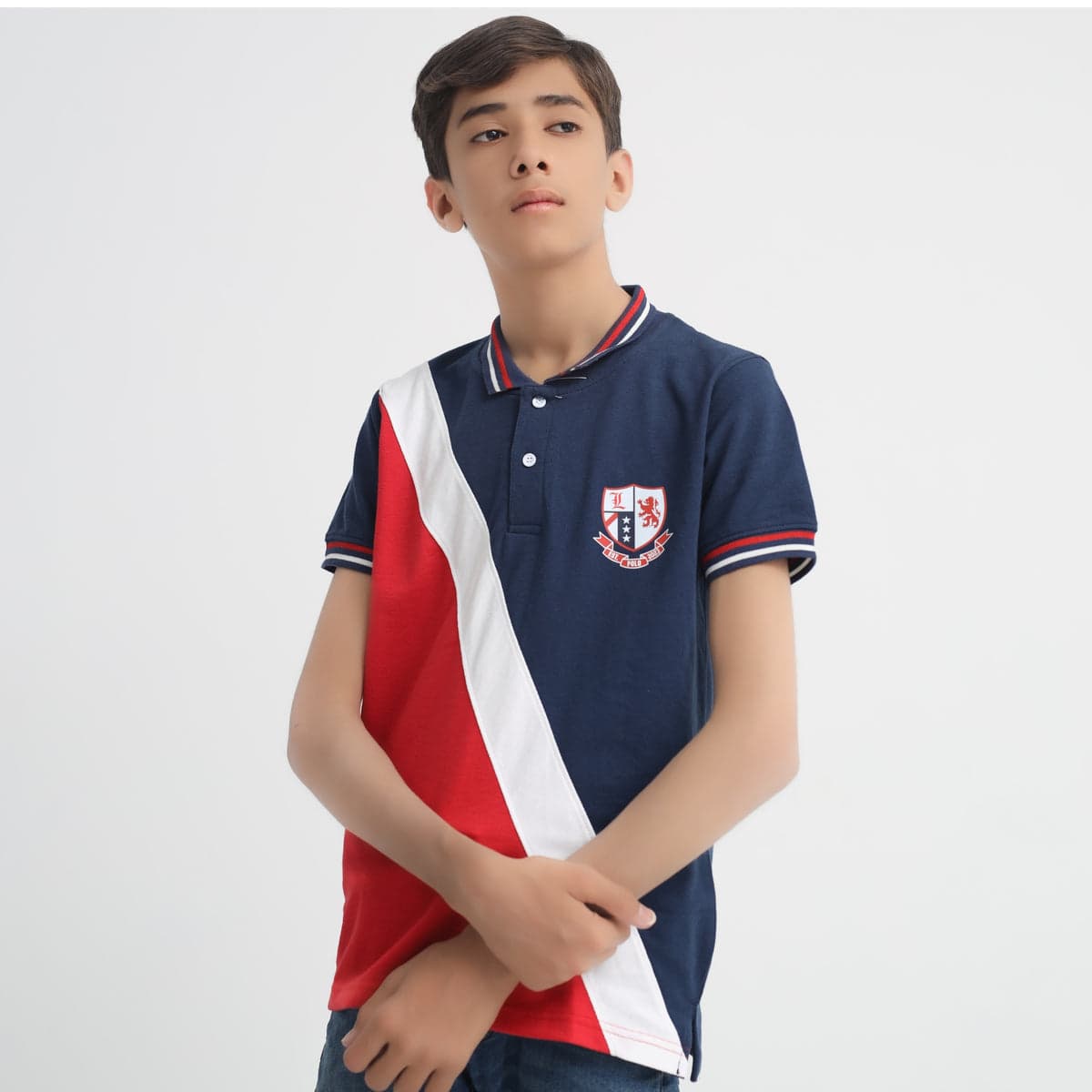 Boys’ Navy Crest Polo Shirt – Red & White Panel | Little Lux