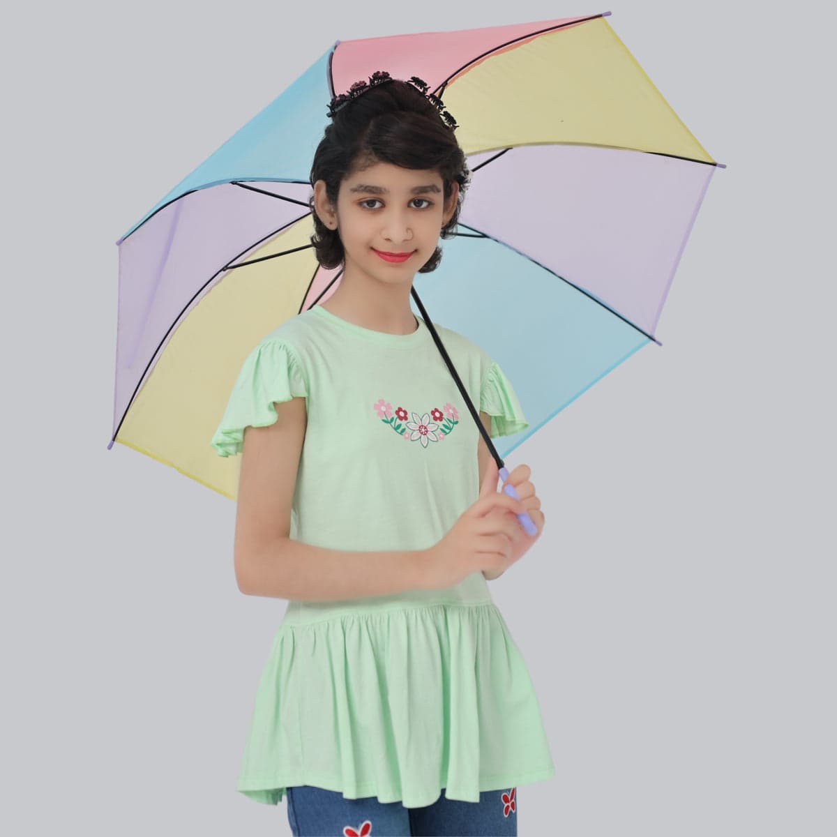 Pistachio Frill Sleeve Top for Girls | Cotton Peplum Style | Little Lux – thumbnail 2