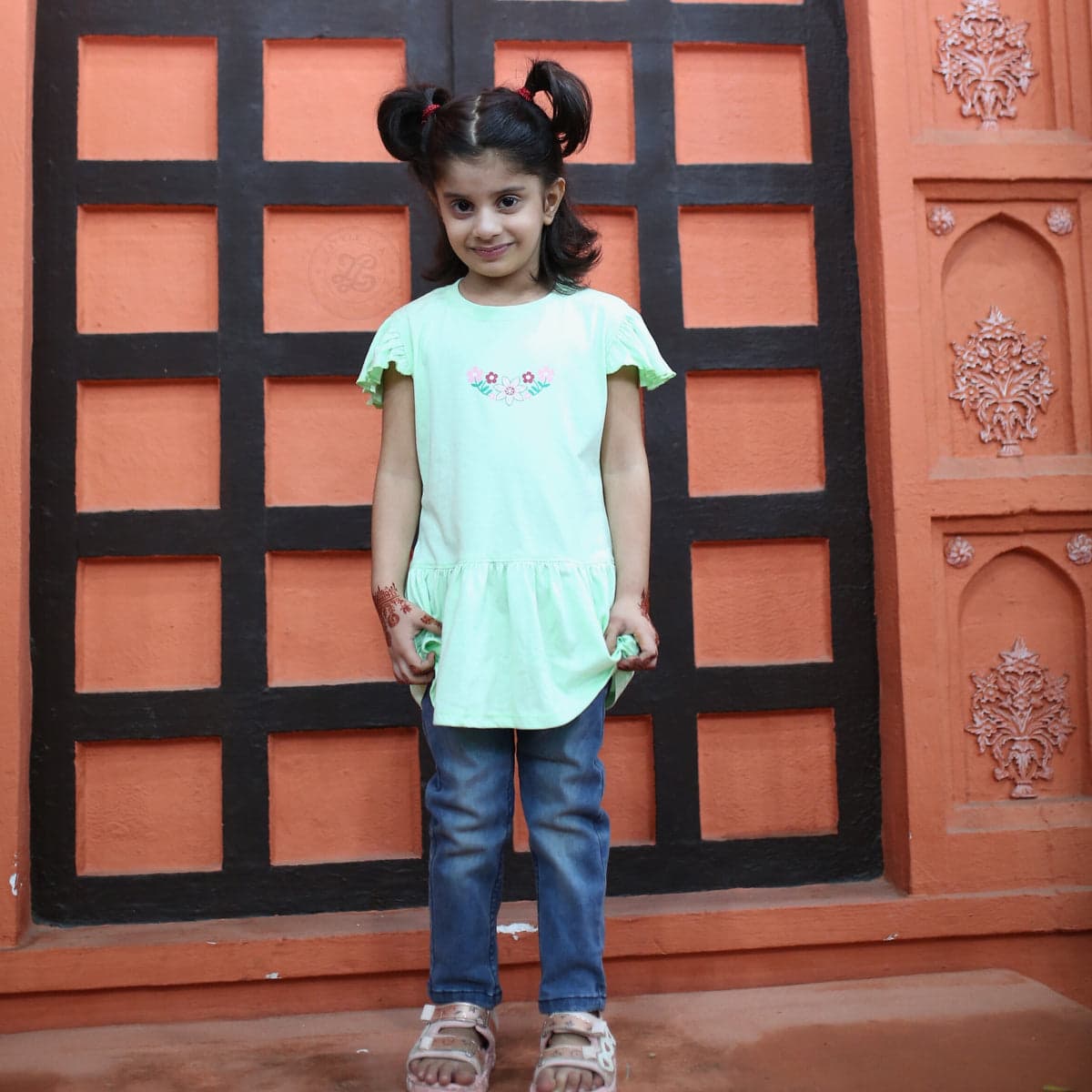 Pistachio Frill Sleeve Top for Girls | Cotton Peplum Style | Little Lux – thumbnail 6