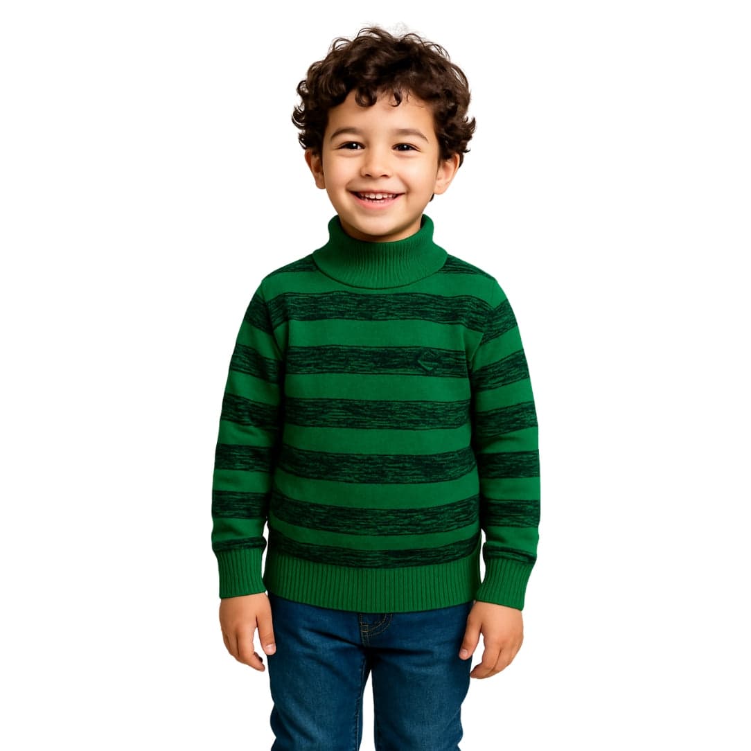 LittleLux Boys Green Striped Turtleneck Winter Sweater – Soft Knit, Warm & Stylish