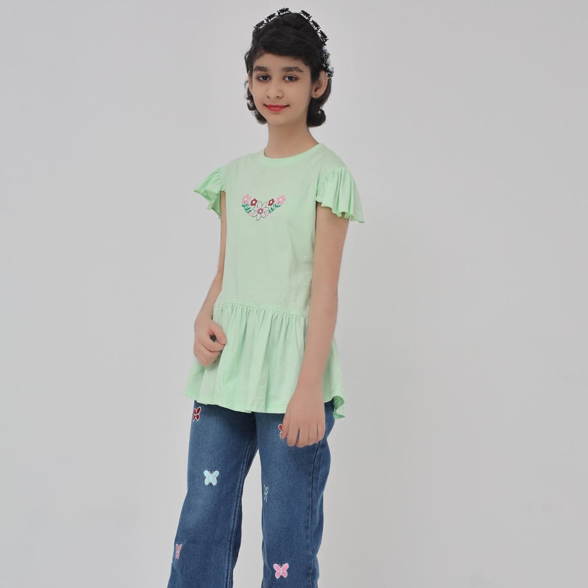 Pistachio Frill Sleeve Top for Girls | Cotton Peplum Style | Little Lux – thumbnail 4