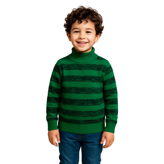 LittleLux Boys Green Striped Turtleneck Winter Sweater – Soft Knit, Warm & Stylish