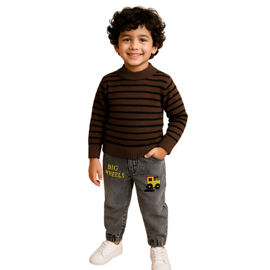 LittleLux Boys Brown Striped Winter Sweater – Soft Knit, Warm & Stylish