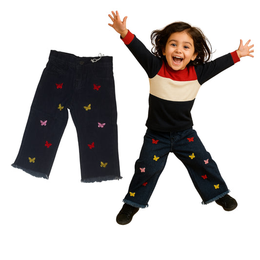 LittleLux Girls Black Butterfly Embroidered Jeans – Soft Stretch Denim, Wide-Leg, Cute & Stylish