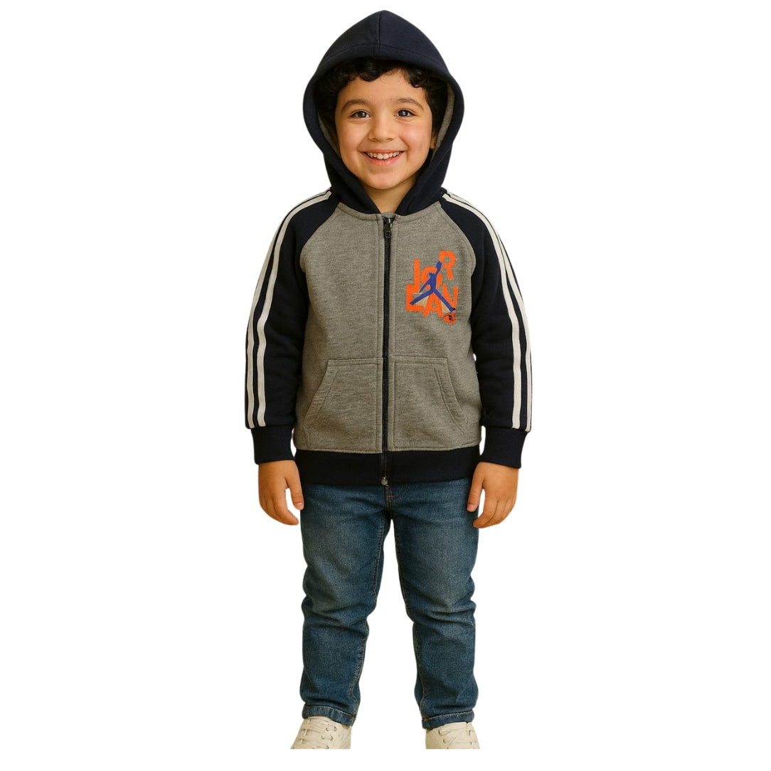 Kids Jordan Style Zip-Up Hoodie – Grey & Navy | Soft Fleece, Warm & Sporty