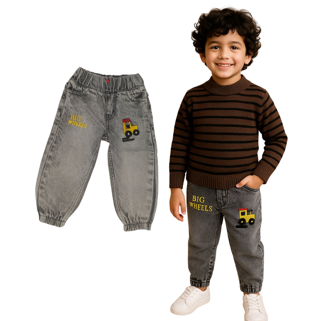 Boys Grey “Big Wheels” Embroidered Jogger Jean