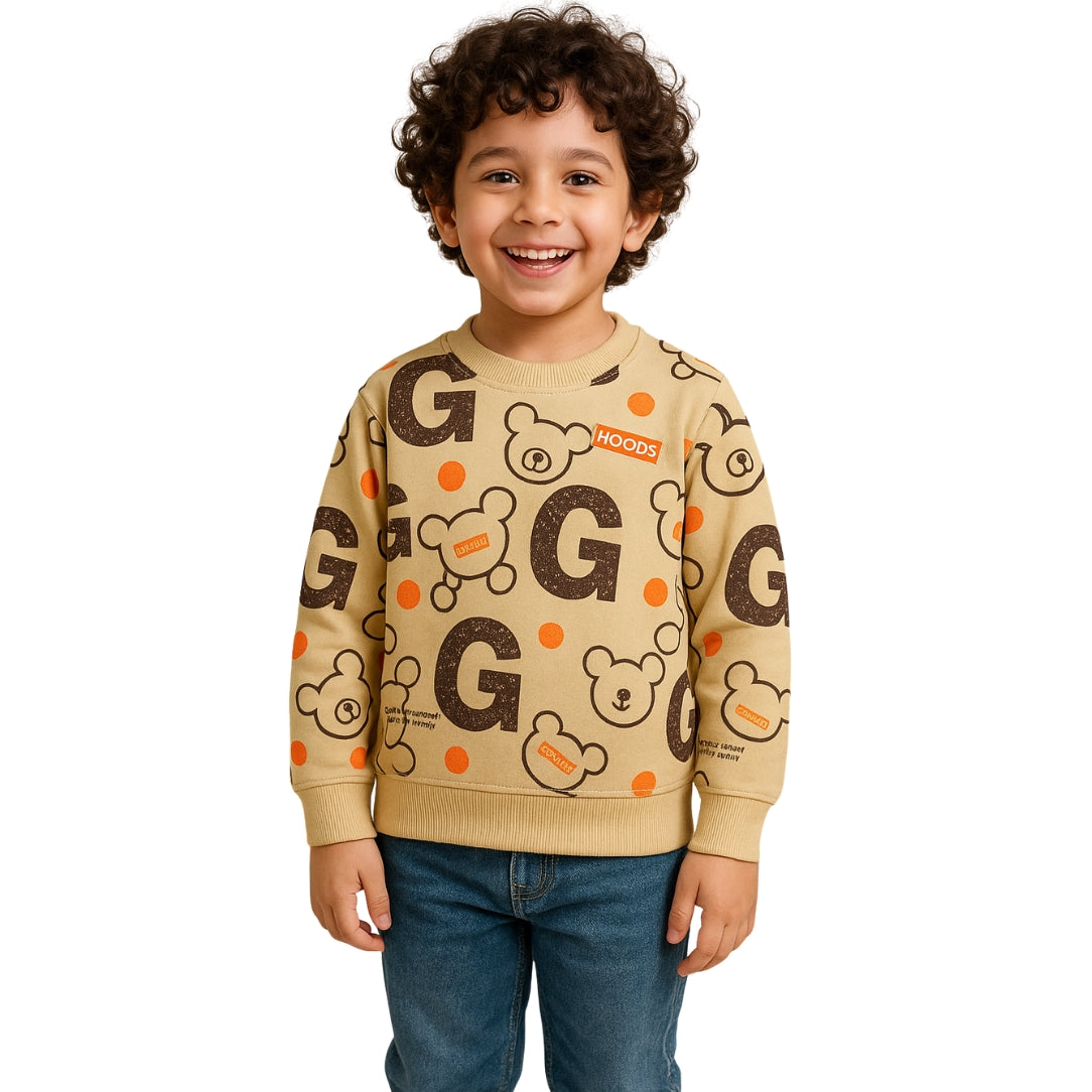 LittleLux Unisex Beige Bear-Print Winter Sweatshirt – Soft Fleece, Warm & Playful