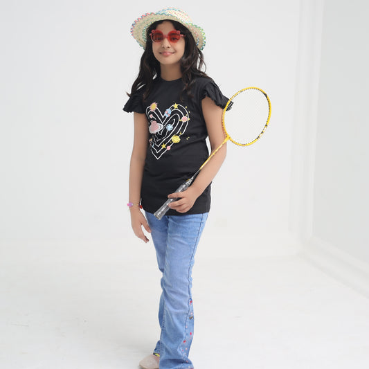 Heart Galaxy Planet Print Black T-Shirt for Girls