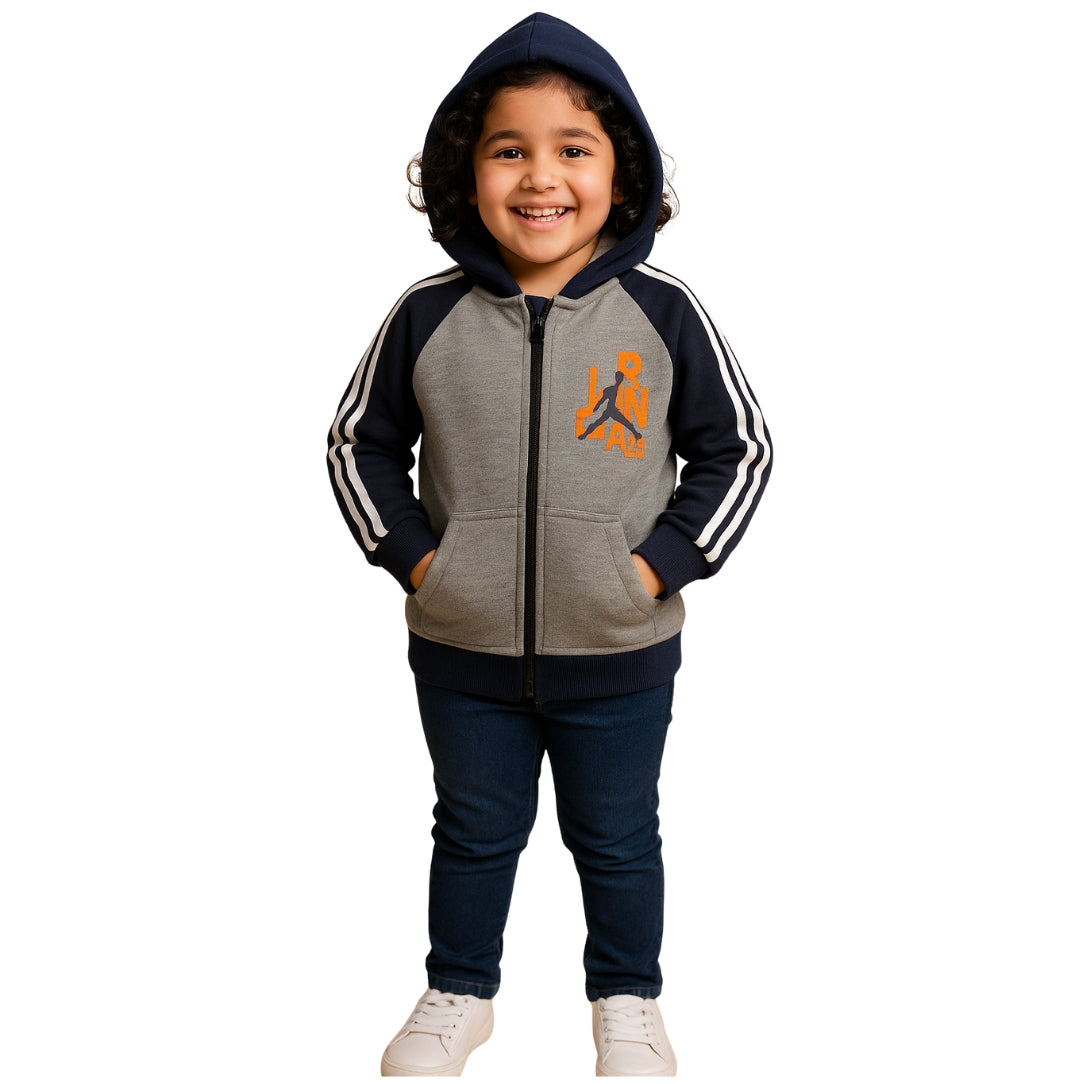 Kids Jordan Style Zip-Up Hoodie – Grey & Navy | Soft Fleece, Warm & Sporty