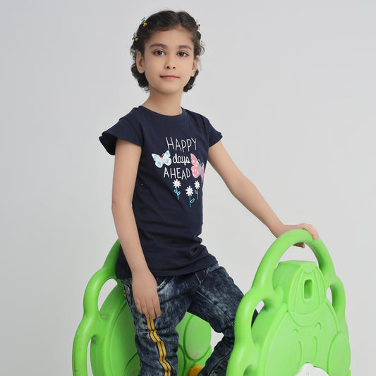Happy Days Ahead Navy Blue T-Shirt for Girls