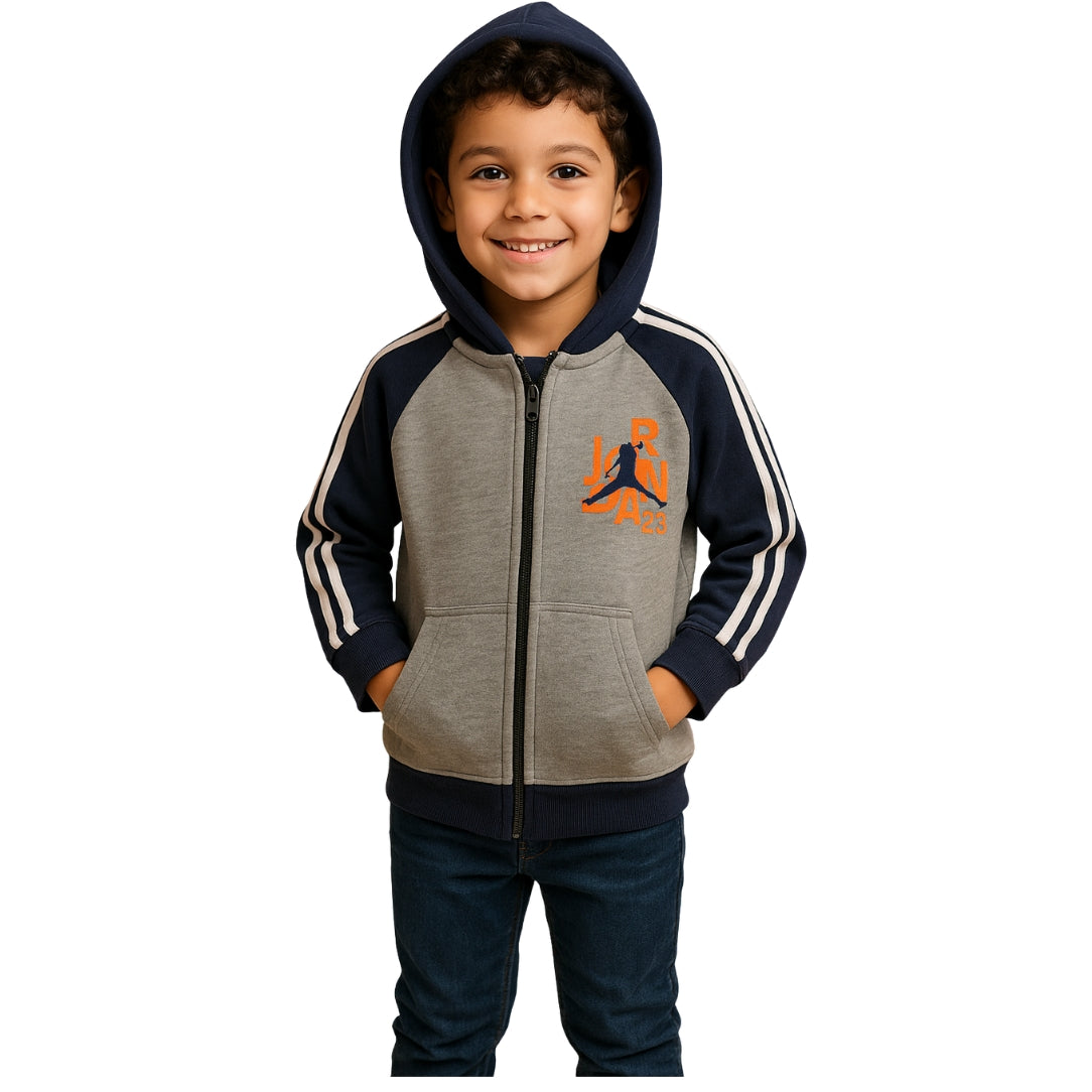 Kids Jordan Style Zip-Up Hoodie – Grey & Navy | Soft Fleece, Warm & Sporty